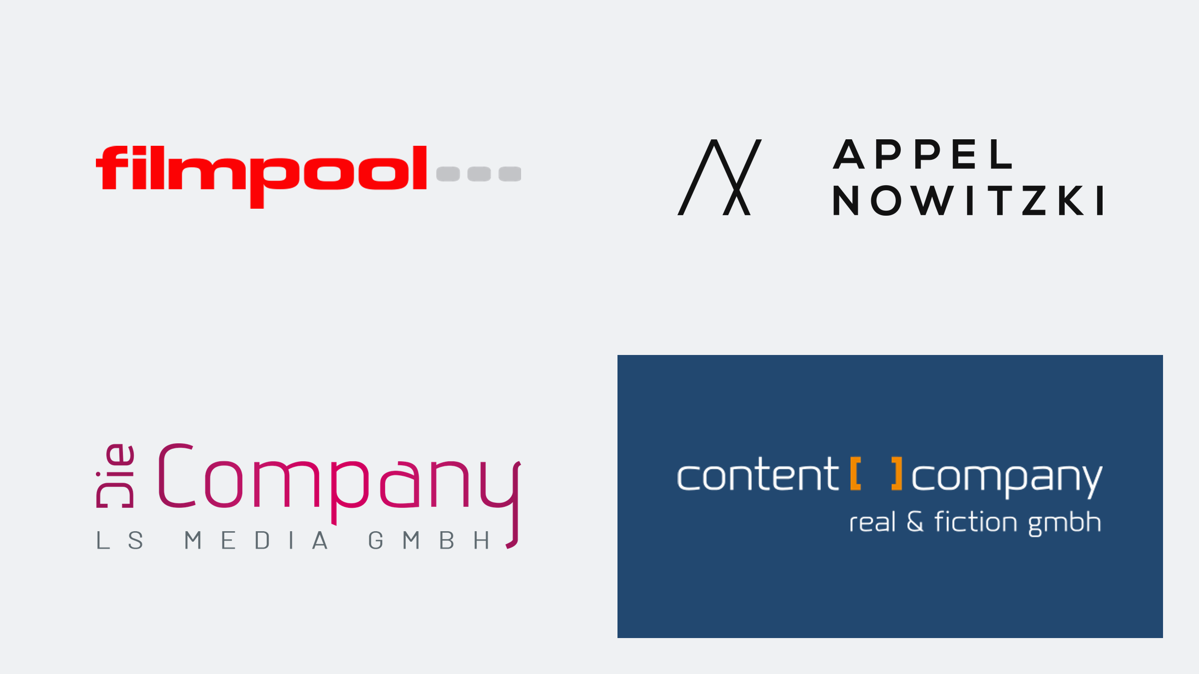 Referenzlogos von filmpool entertainment, APPEL NOWITZKI, Die Company LS Media und real & fiction